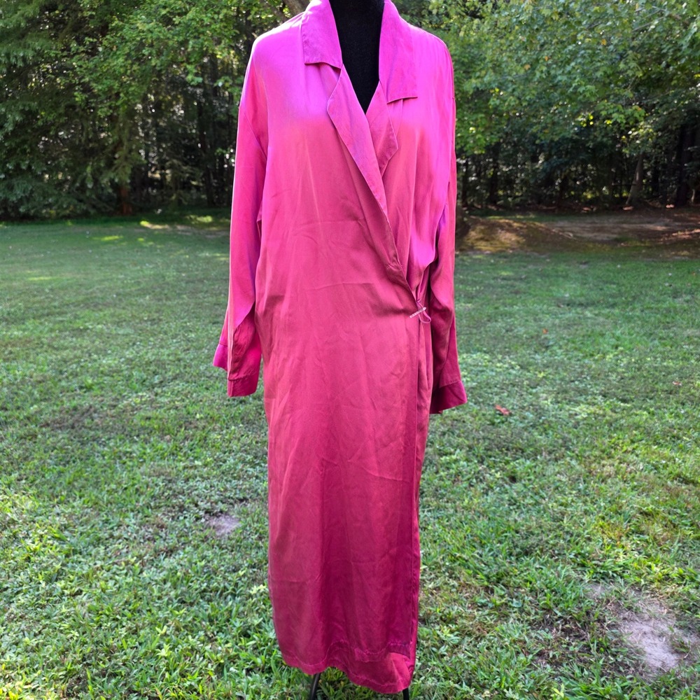 WINTERSILKS Womens L Magenta Pink Fuchsia Silk Long Wrap Robe Pockets Loungewear